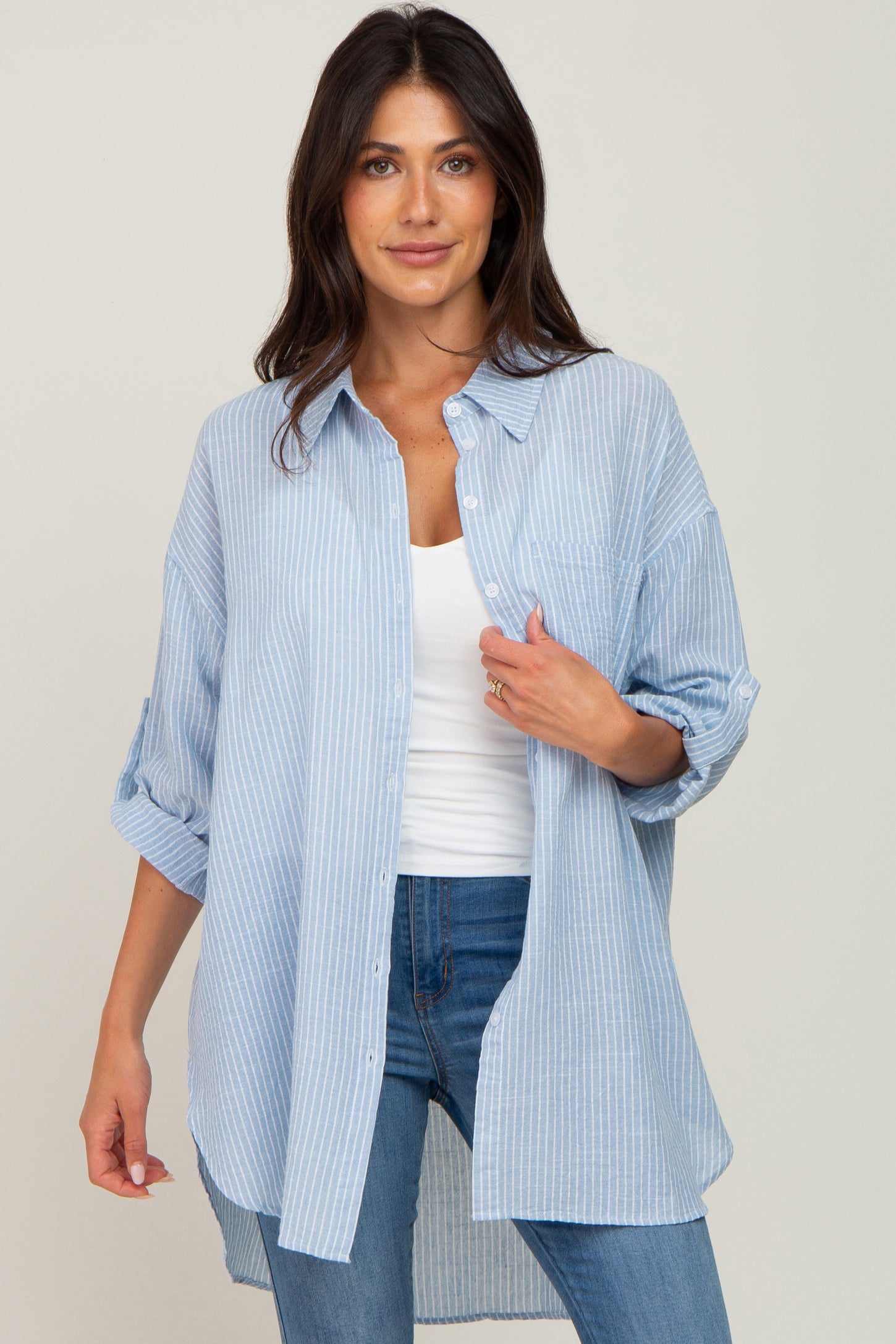 Light Blue Pinstriped Button Up Maternity Top