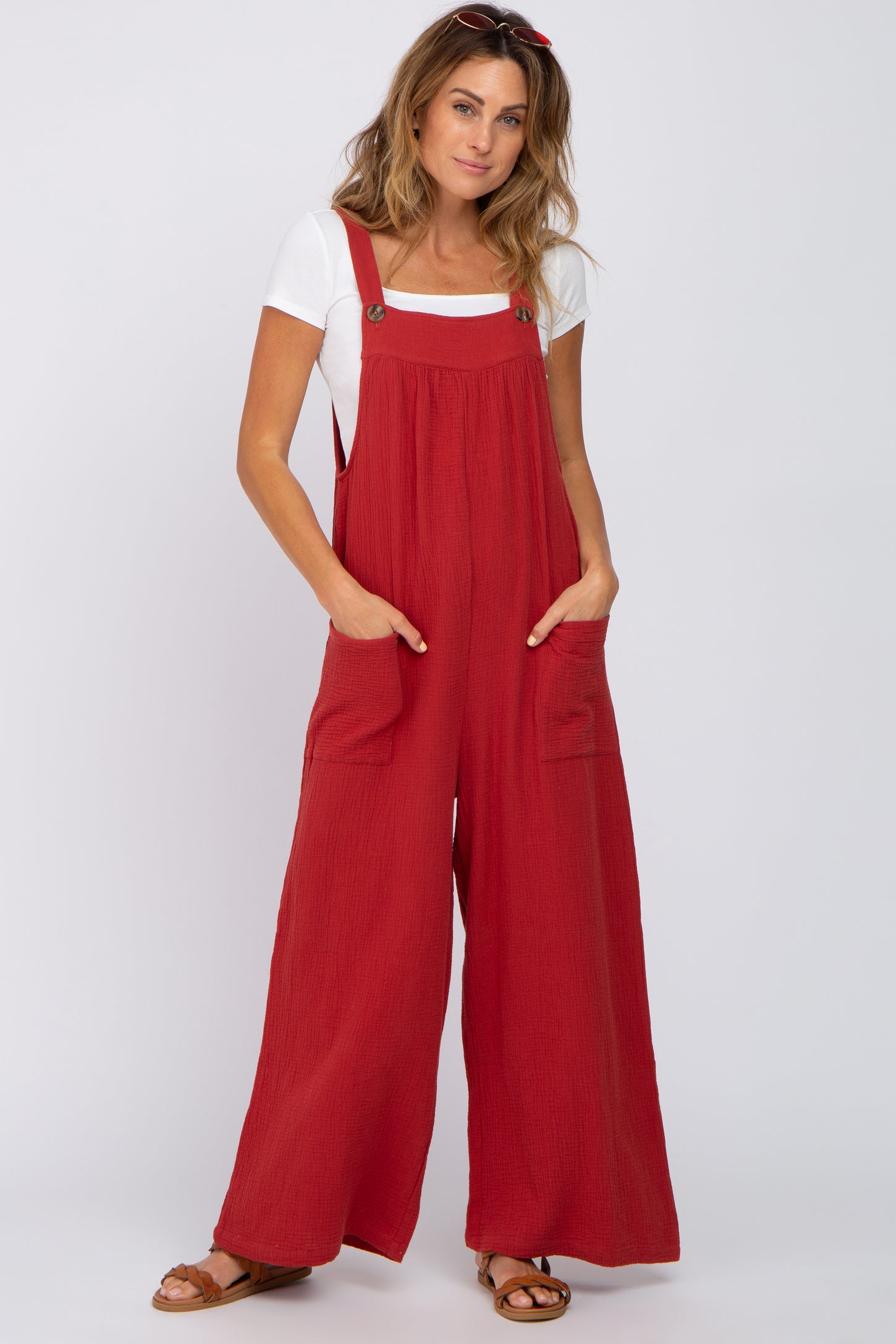 Rust Gauze Wide Leg Button Front Overalls PinkBlush
