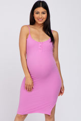 Pink Ribbed Button Maternity Midi Dress