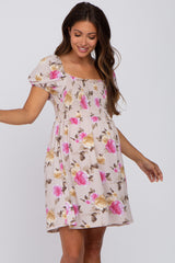 Taupe Floral Smocked Square Neck Maternity Dress