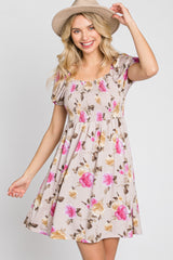 Taupe Floral Smocked Square Neck Maternity Dress