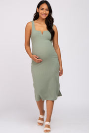 Light Olive Ribbed Square Neck Split Front Maternity Midi Dress