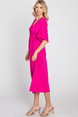 Fuchsia Knotted Front Short Sleeve Midi Dress