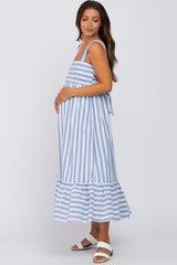 Blue Striped Sleeveless Ruffle Hem Maternity Maxi Dress