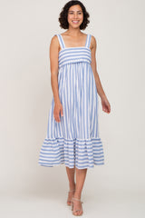 Blue Striped Sleeveless Ruffle Hem Maternity Maxi Dress