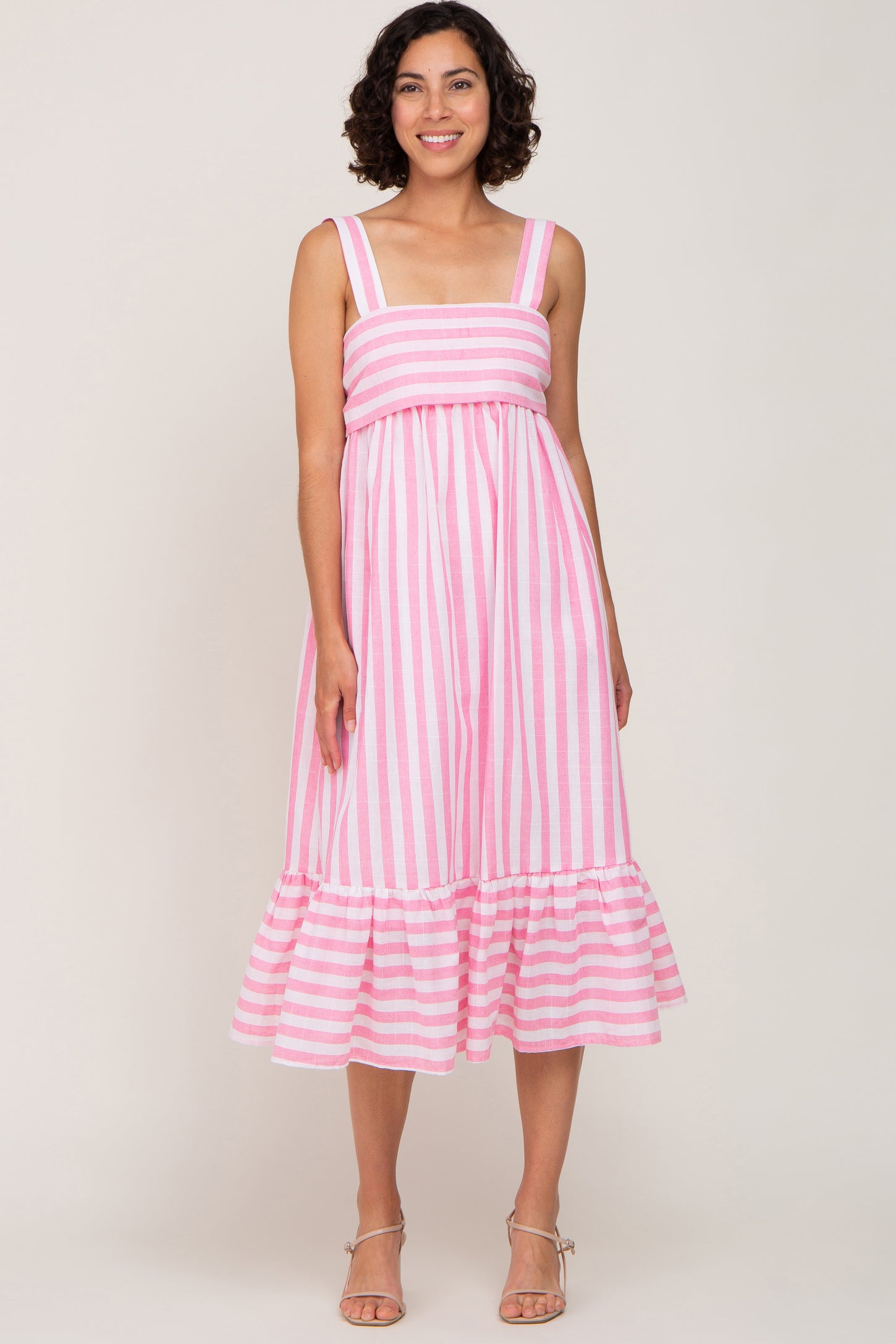 Pink Striped Sleeveless Ruffle Hem Maternity Maxi Dress
