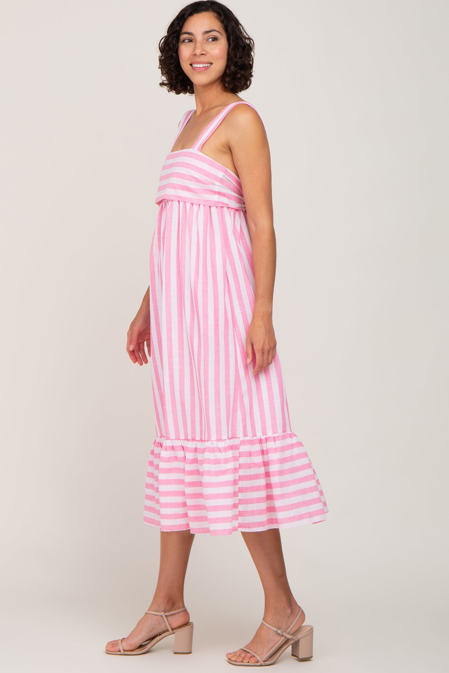 Pink Striped Sleeveless Ruffle Hem Maxi Dress
