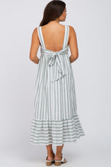 Sage Striped Sleeveless Ruffle Hem Maternity Maxi Dress