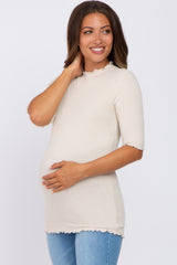 Beige Short Sleeve Ribbed Knit Maternity Top