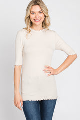 Beige Short Sleeve Ribbed Knit Top