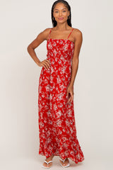 Red Floral Sleeveless Tiered Maxi Dress