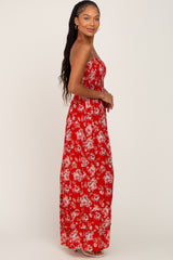 Red Floral Sleeveless Tiered Maxi Dress