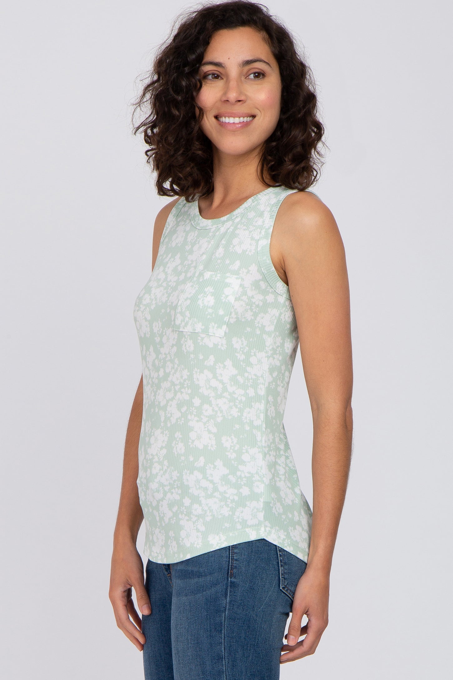 Mint Green Floral Ribbed Tank Top