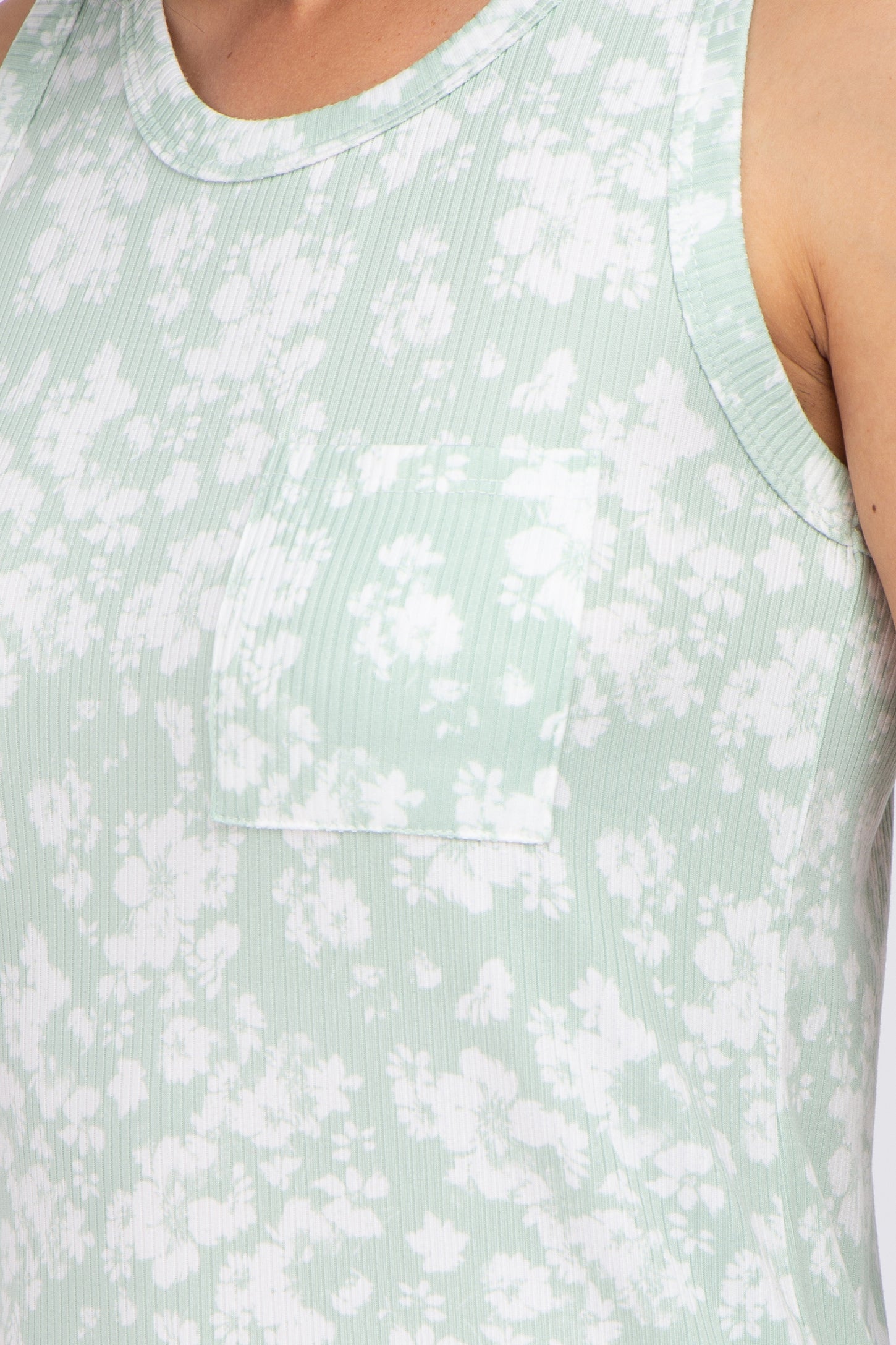 Mint Green Floral Ribbed Tank Top