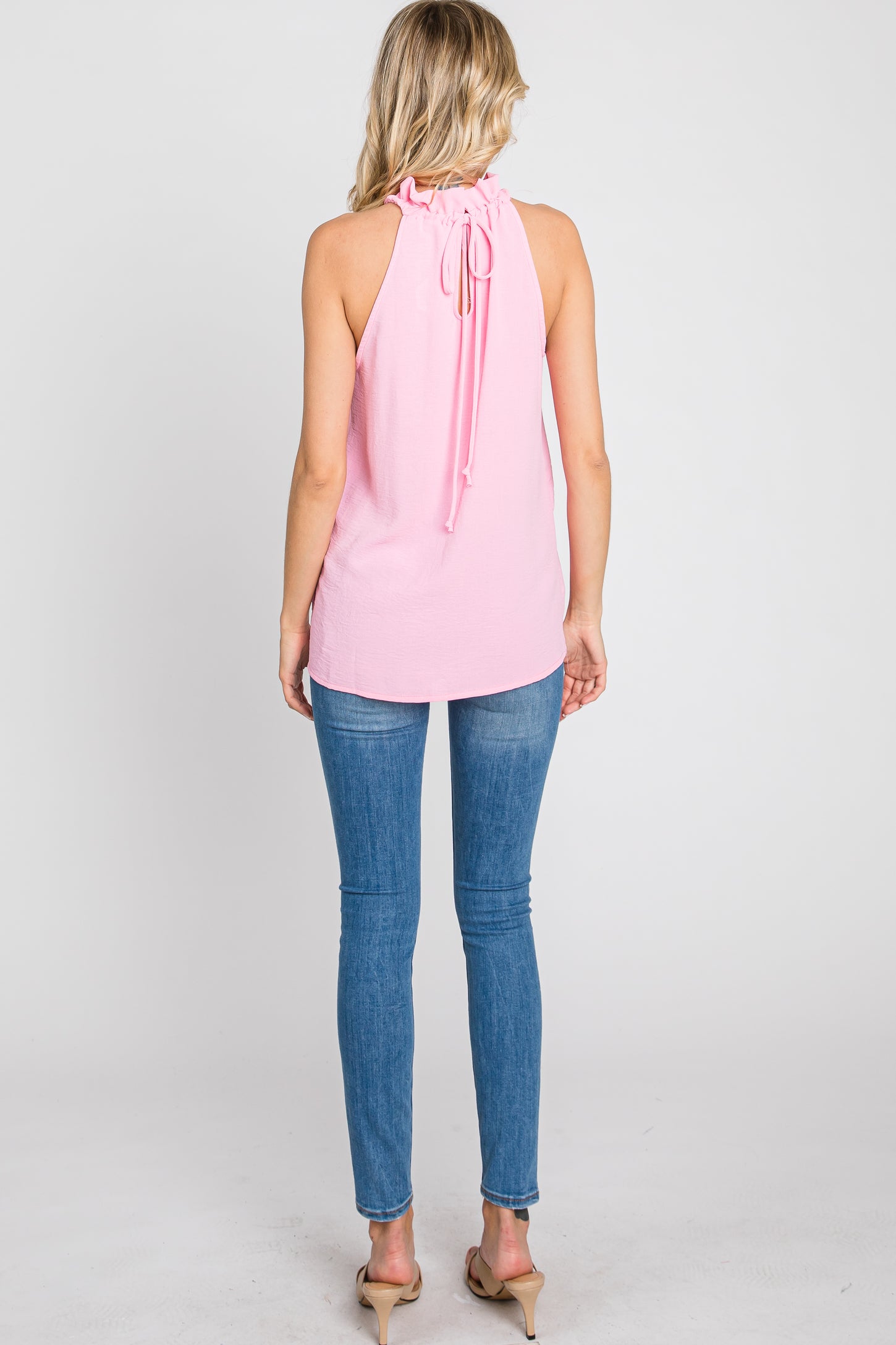 Pink Ruffle Mock Neck Sleeveless Top