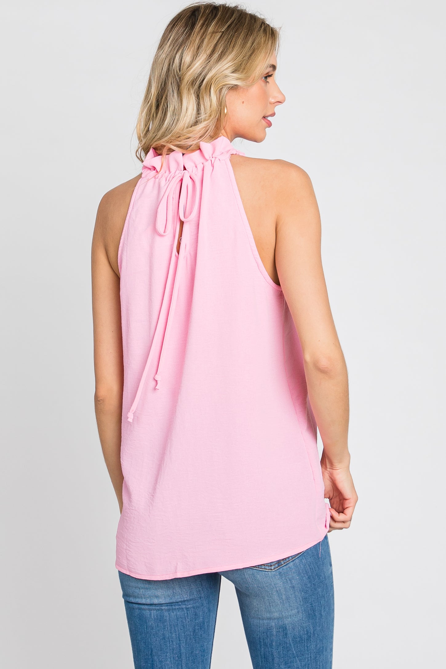 Pink Ruffle Mock Neck Sleeveless Top