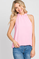 Pink Ruffle Mock Neck Sleeveless Top