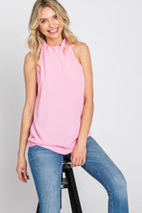 Pink Ruffle Mock Neck Sleeveless Top