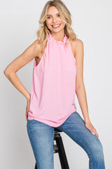 Pink Ruffle Mock Neck Sleeveless Top