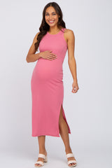 Pink Ribbed Racerback Side Slit Maternity Midi Dress