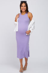 Lavender Ribbed Racerback Side Slit Maternity Midi Dress