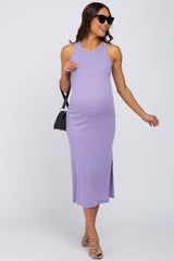 Lavender Ribbed Racerback Side Slit Maternity Midi Dress