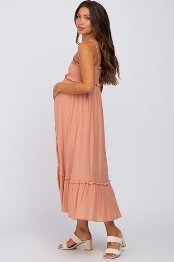 Peach Smocked Button Accent Maternity Midi Dress