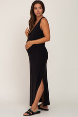 Black V-Neck Side Slit Sleeveless Maternity Midi Dress