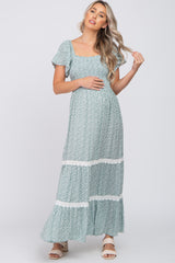 Green Floral Square Neck Smocked Front Lace Trim Maternity Maxi Dress