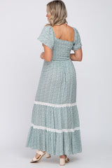 Green Floral Square Neck Smocked Front Lace Trim Maternity Maxi Dress