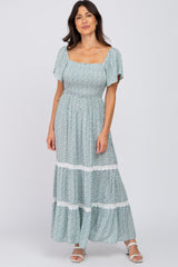 Green Floral Square Neck Smocked Front Lace Trim Maternity Maxi Dress