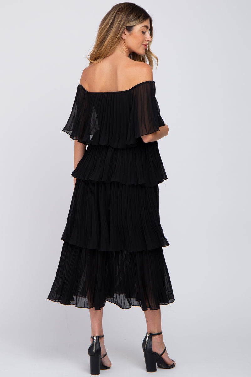 Black Solid Off Shoulder Pleated Ruffle Maternity Midi Dress– PinkBlush