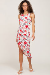 Ivory Floral Ruched Asymmetrical Midi Dress