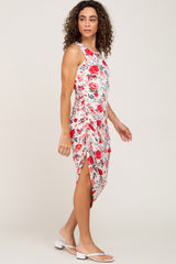 Ivory Floral Ruched Asymmetrical Midi Dress