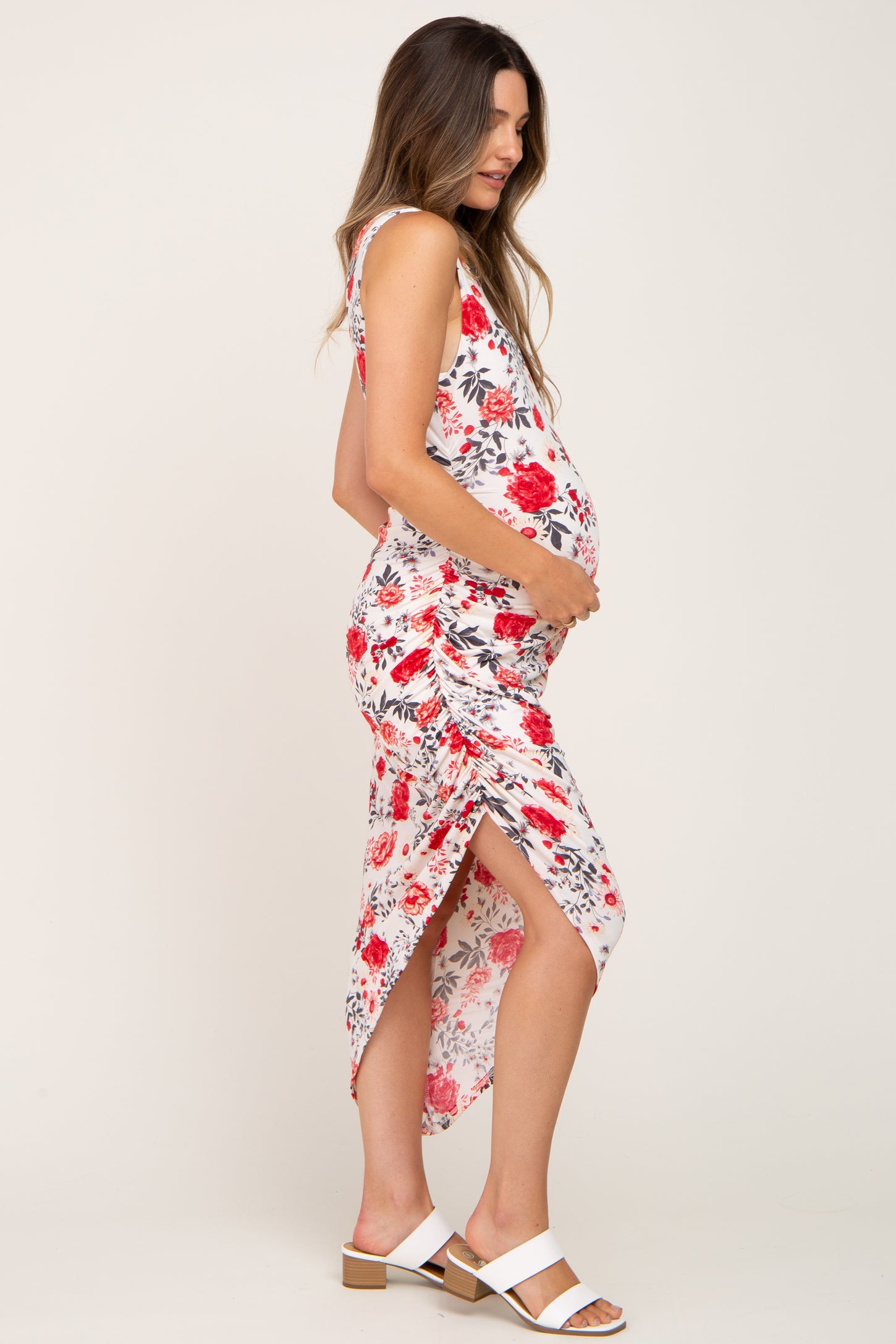 Ivory Floral Ruched Asymmetrical Maternity Midi Dress