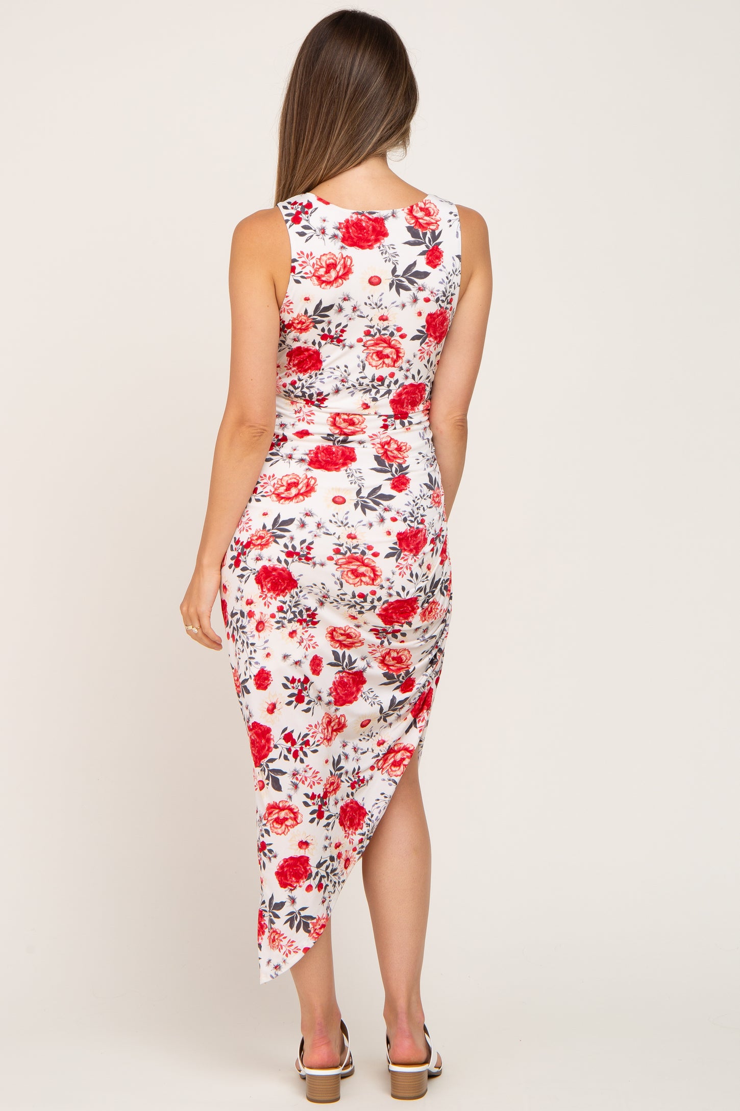 Ivory Floral Ruched Asymmetrical Maternity Midi Dress