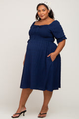 Navy Blue Smocked Front Tie Maternity Plus Midi Dress
