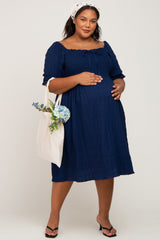 Navy Blue Smocked Front Tie Maternity Plus Midi Dress