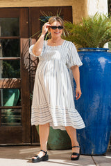 Grey Striped Linen Smocked Maternity Plus Midi Dress