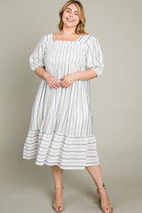 Grey Striped Linen Smocked Maternity Plus Midi Dress