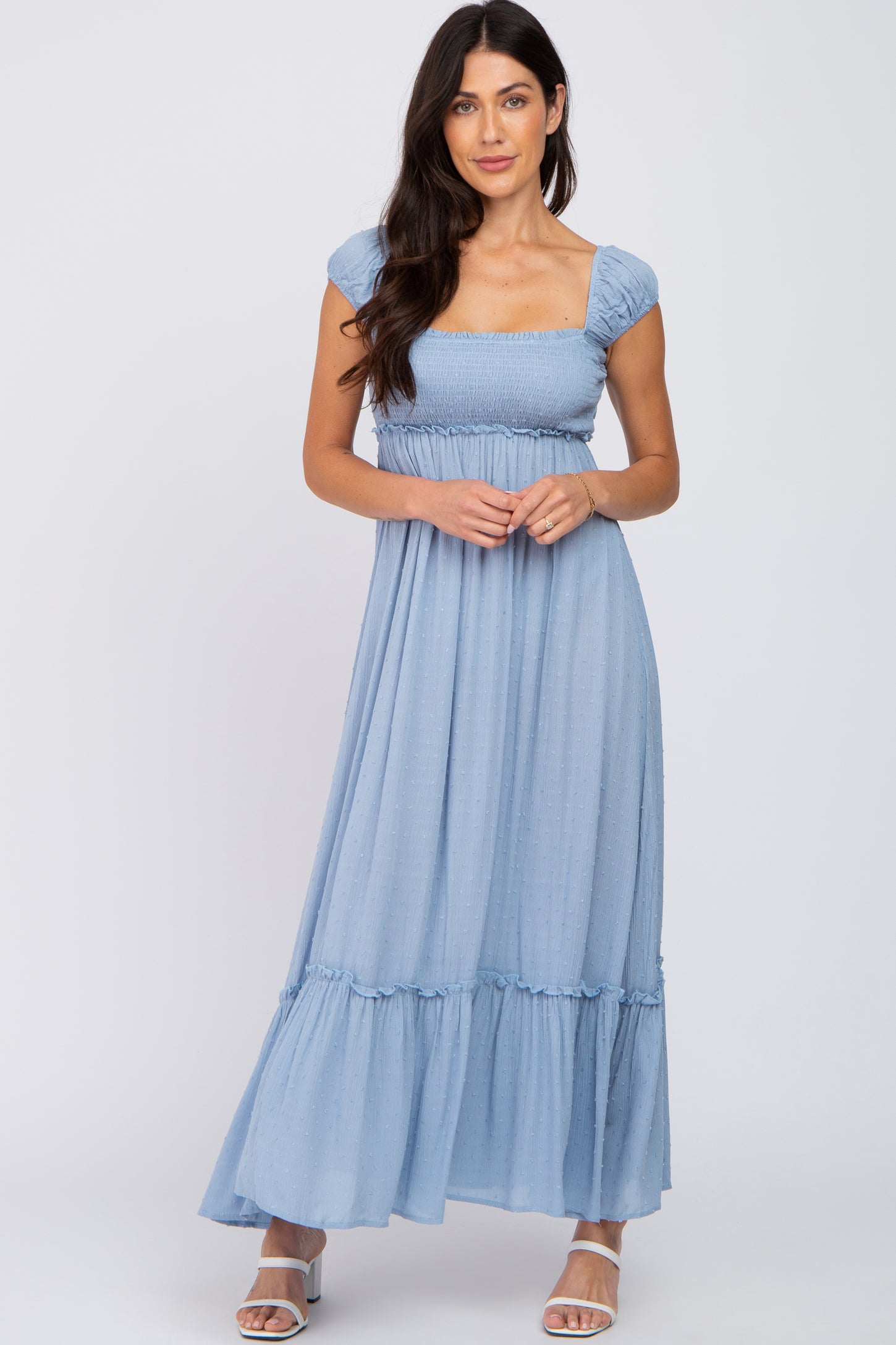 Blue Dotted Smocked Square Neck Criss Cross Back Maternity Maxi Dress ...