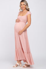 Pink Dotted Smocked Square Neck Criss Cross Back Maternity Maxi Dress