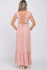 Pink Dotted Smocked Square Neck Criss Cross Back Maternity Maxi Dress