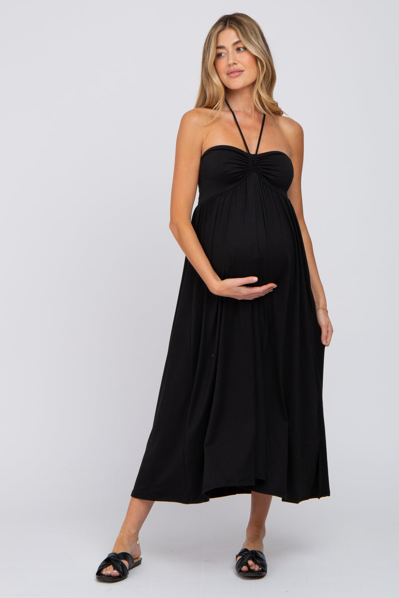 Black Cinched Halter Neck Maternity Midi Dress– PinkBlush