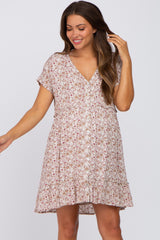 Taupe Floral Button Front Ruffle Hem Maternity Dress
