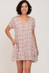 Taupe Floral Button Front Ruffle Hem Maternity Dress
