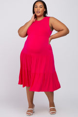 Fuchsia Tiered Sleeveless Maternity Plus Midi Dress