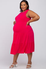 Fuchsia Tiered Sleeveless Maternity Plus Midi Dress