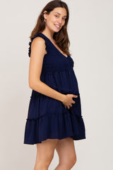 Navy Sleeveless Smocked Tiered Maternity Dress