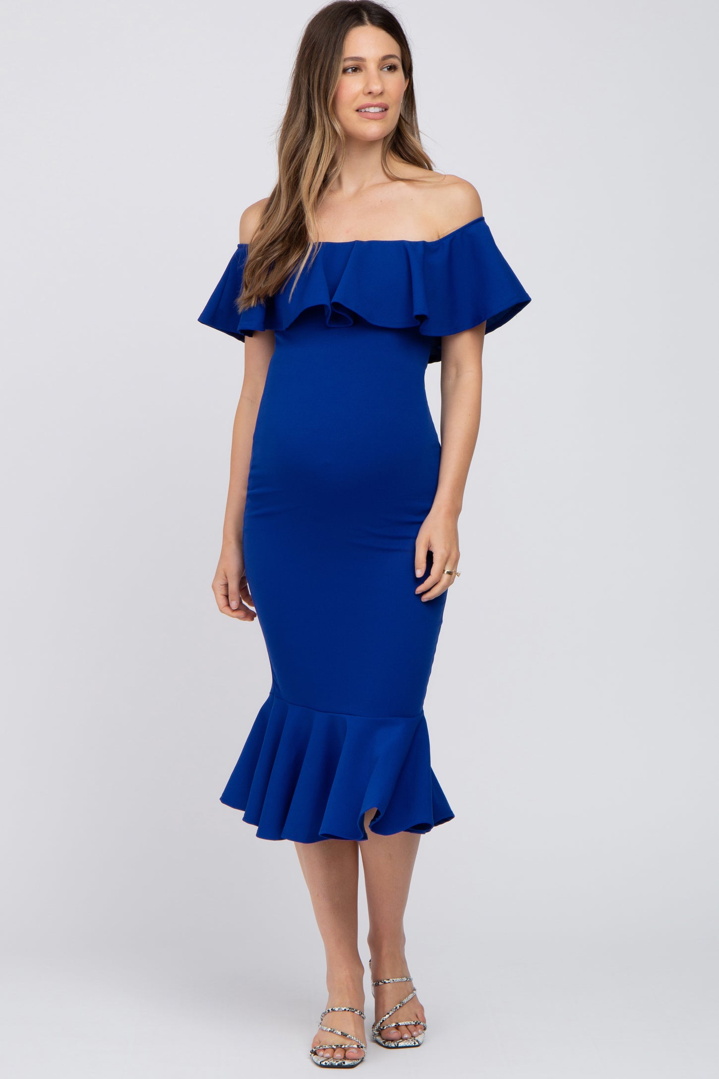 Royal Blue Ruffle Off Shoulder Mermaid Hem Maternity Dress– PinkBlush